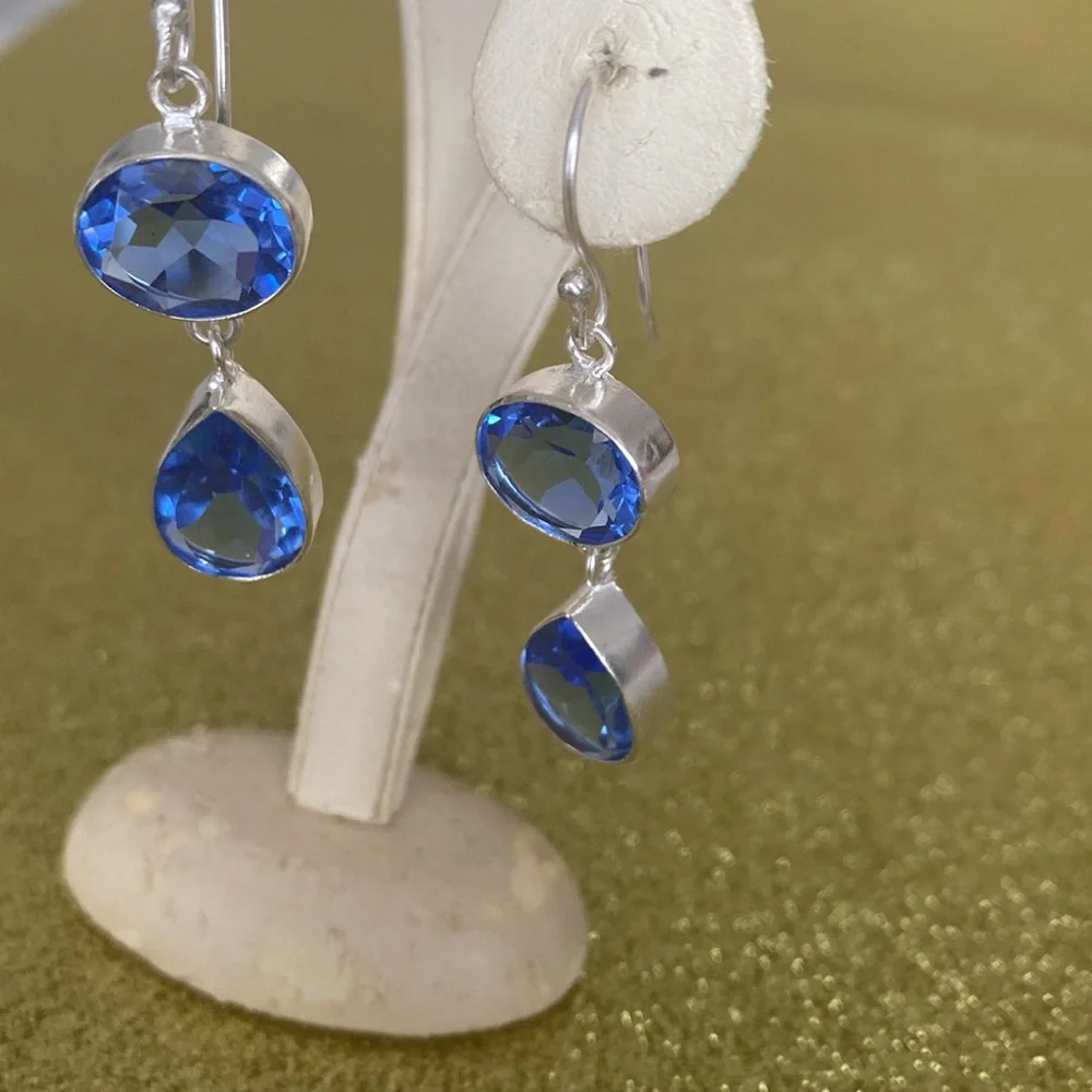 Sterling Silver 925 Blue Tanzanite Double Drop Earrings 4.5cm - Picture 7 of 8